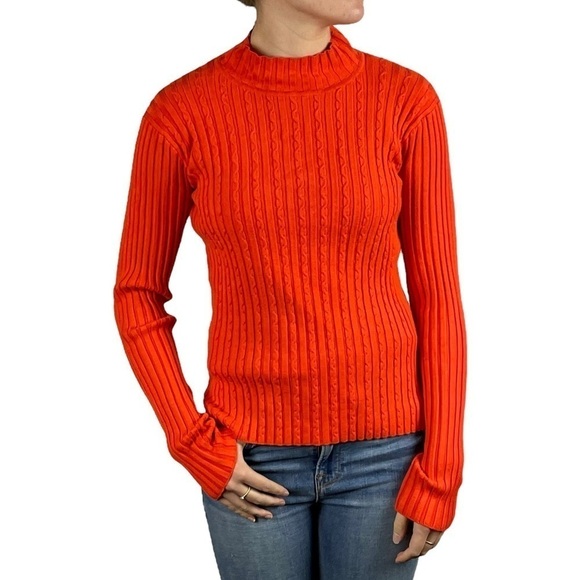 OBERMEYER DIVINE MOCK NECK ORANGE RIBBED CABLE KNIT STRETCH PULLOVER SKI SWEATER - Picture 1 of 14